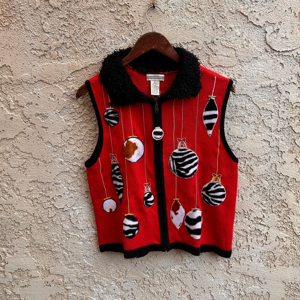 Vintage Cow Print Christmas Ornament Sweater Vest Western Cowgirl Women’s M